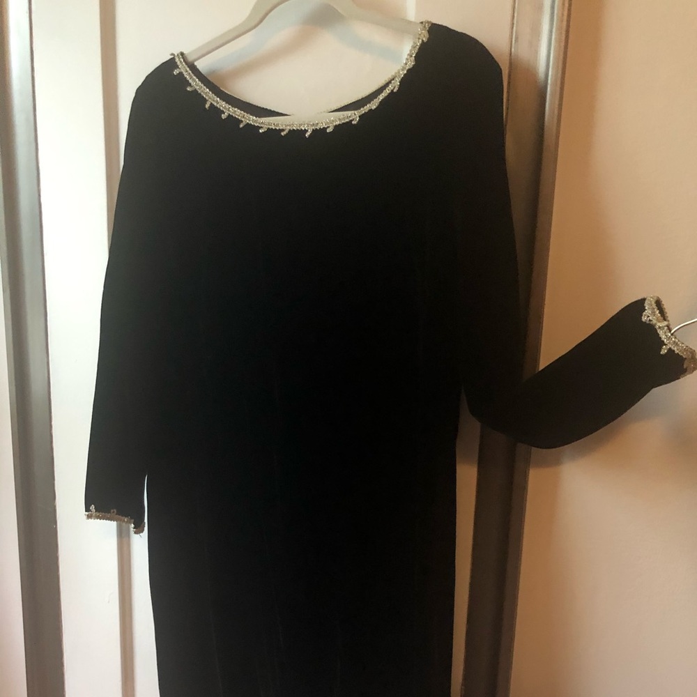 Bespoke Black velvet dress with silver trim